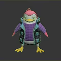 Cartoon Penguin Character With Pink Head Purple Top And Blue Vest Yellow Feet