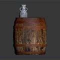 Wooden Barrel with Red Straps and Small White Patterned Vase as Decorative Household Items
