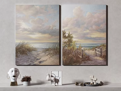 Two Seascape Paintings With Beach Waves Sky Clouds And Wooden Fence Wall Art 3d model