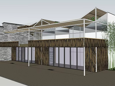 Modern Museum Building Architecture With Wooden Facade Glass Windows and Stone Wall 3d model