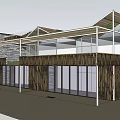 Modern Museum Building Architecture With Wooden Facade Glass Windows and Stone Wall
