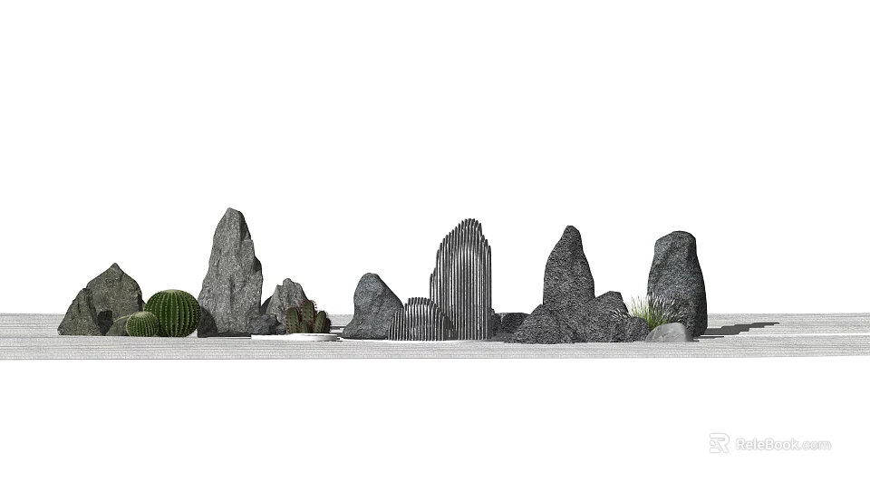 Garden Ornaments With Various Shaped Stones Cacti And Decorative Linear Structures 3d model