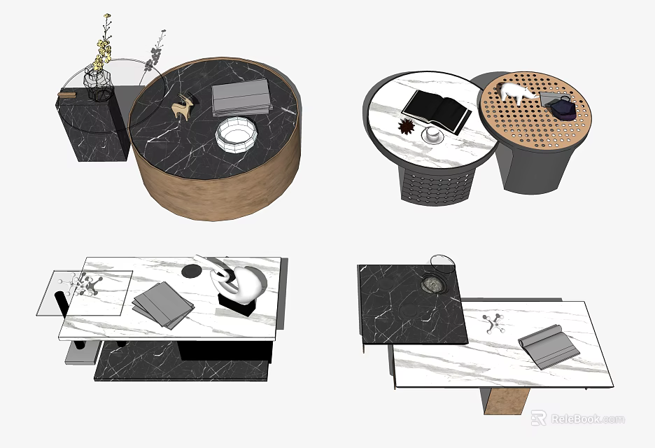 Modern Coffee Table Designs with Round and Rectangular Marble Tops and Wooden Bases 3d model