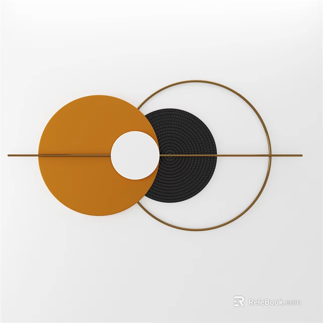 Modern Wall Decor With Orange Black Circular Elements And Gold Geometric Lines 3d model
