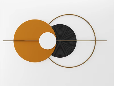 Modern Wall Decor With Orange Black Circular Elements And Gold Geometric Lines 3d model