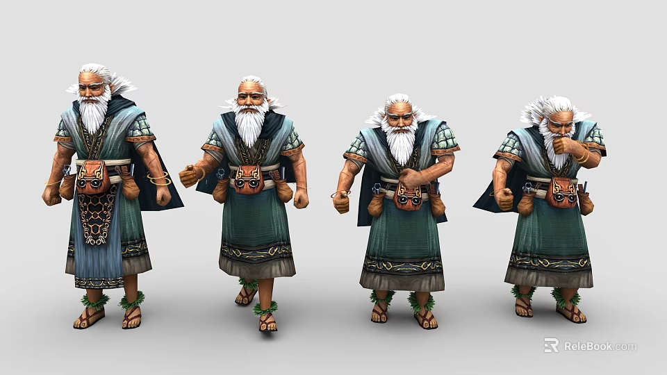 Elderly Male Game And Movie Characters With White Beard Green Blue Robe And Ornate Belt 3d model 