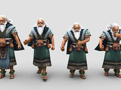Elderly Male Game And Movie Characters With White Beard Green Blue Robe And Ornate Belt 3d model