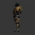 Futuristic Sci Fi Armored Character With Orange Black Mechanical Suit And Helmet
