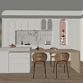 Modern Open Kitchen Dining Area Interior With White Cabinets Island And Rattan Chairs