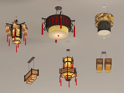 Traditional Chinese Style Pendant Lights with Red Tassels Wooden Frames and Intricate Patterns 3d model