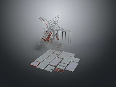 Modern Architectural Landscape Featuring Red White Staircase and Gray Background Design 3d model