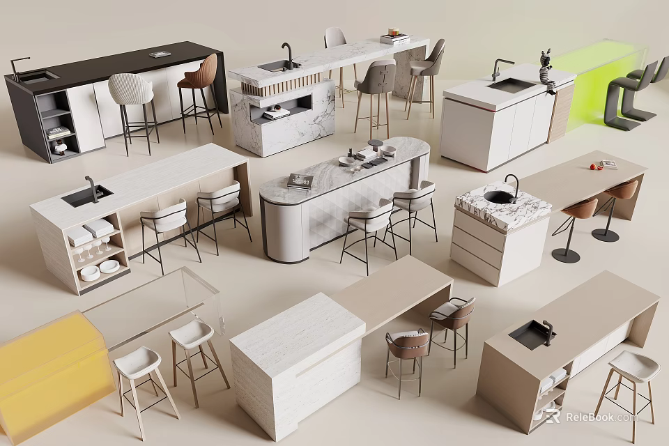 Multiple Modern Bar Counter Designs Featuring Marble Tops And Matching Bar Stools 3d model