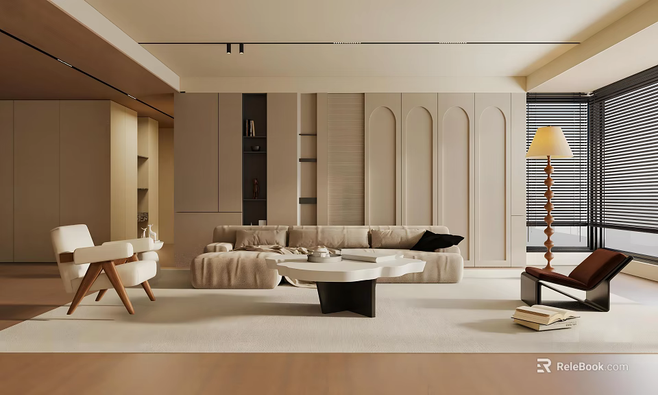 Modern Living Room Interior With Beige Sofa White Armchair Black Coffee Table And Arched Cabinetry 3d model 