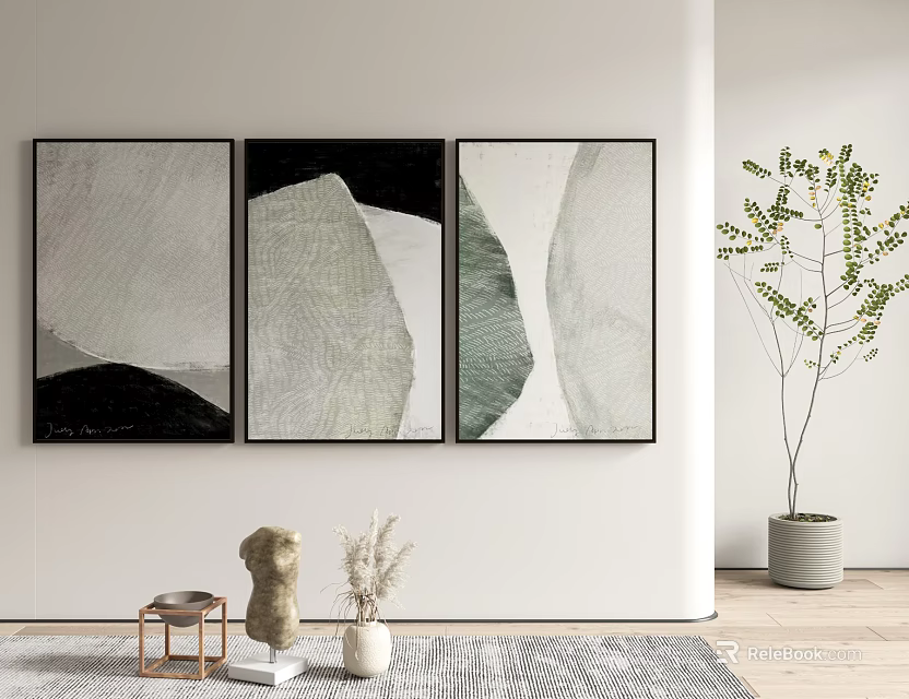 Abstract Paintings On White Wall With Side Table Sculpture Dried Plants And Potted Plant Rug 3d model 