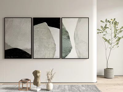 Abstract Paintings On White Wall With Side Table Sculpture Dried Plants And Potted Plant Rug 3d model