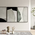 Abstract Paintings On White Wall With Side Table Sculpture Dried Plants And Potted Plant Rug