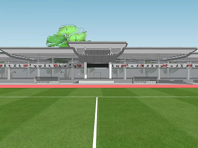 Outdoor Sports Stadium Grandstand Featuring Green Lawn Red Running Track and Canopy Roof 3d model
