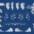 Whimsical Garden Ornaments With White Cloud Smoke And Decorative Line Patterns On Blue Background
