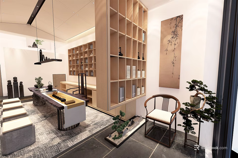 Elegant Modern Teahouse Interior With Wooden Partitions Chinese Style Chairs And Wall Painting 3d model 