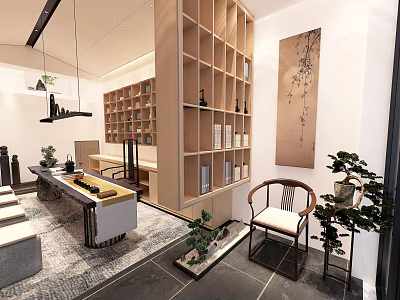 Elegant Modern Teahouse Interior With Wooden Partitions Chinese Style Chairs And Wall Painting 3d model