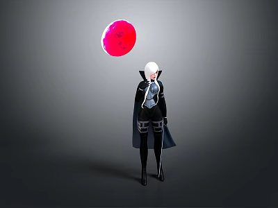 White Haired Character In Black Outfit With Glowing Red Circular Object On Gray Background 3d model