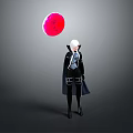 White Haired Character In Black Outfit With Glowing Red Circular Object On Gray Background