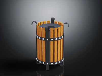 Wooden Slatted Barrel Shaped Equipment With Black Metal Frame Handles And Feet 3d model