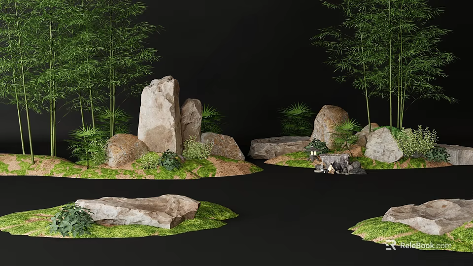 Rustic Stone and Wood Landscape with Bamboo Trees Moss Greenery and Grass Patches 3d model 