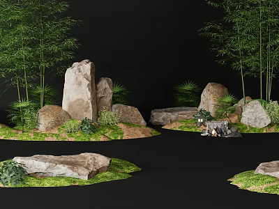 Rustic Stone and Wood Landscape with Bamboo Trees Moss Greenery and Grass Patches 3d model