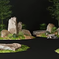 Rustic Stone and Wood Landscape with Bamboo Trees Moss Greenery and Grass Patches