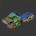 Camouflaged Military Tactical Transport Vehicle with Multiple Wheels Roof Antennas and Spare Tire