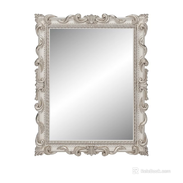 Ornate White Framed Wall Mirror Featuring Intricate Carvings and Classic Decorative Design 3d model 