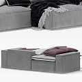 Modern Gray Sofa With Pillows And Blanket And Comfortable Bed With Purple Quilt