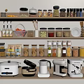 Organized Kitchen Shelves With Kitchenware Storage Jars Appliances Utensils And Fresh Ingredients