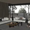 Modern Spacious Bright Living Room With Beige Sofa Wooden Coffee Tables Large Windows Trees Outside And Wooden Slat Ceiling