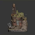 Detailed Miniature Scene Model With Rocky Terrain Lighthouse Boat Palm Trees And Wooden Structures