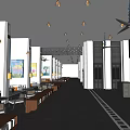 Spacious Front Desk Reception Area With Long Tables Chairs Pendant Lights Paintings White Columns And Dark Flooring