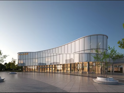Modern Sales Office Building with Curved Glass Curtain Wall and Open Plaza Entrance 3d model