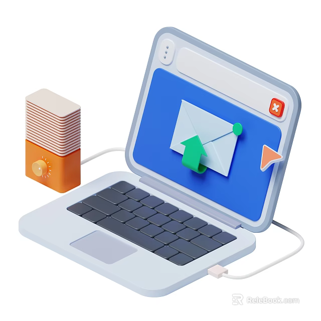 Laptop Screen Showing Envelope Icon With Arrow For Data Transfer And Connected Orange Smart Speaker 3d model 