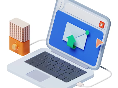 Laptop Screen Showing Envelope Icon With Arrow For Data Transfer And Connected Orange Smart Speaker 3d model