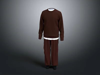Brown Casual Loungewear Set With Long Sleeve Top White Undershirt And Pants 3d model