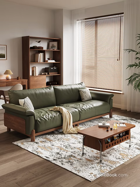 Vintage Green Leather Sofa And Solid Wood Coffee Table Set For Cozy Modern Living Room 3d model 