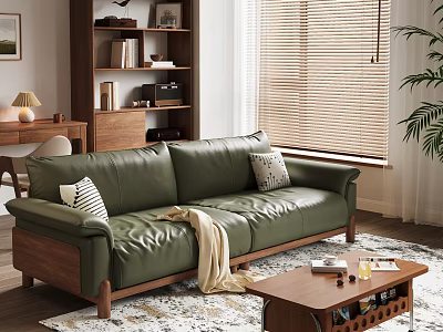 Vintage Green Leather Sofa And Solid Wood Coffee Table Set For Cozy Modern Living Room 3d model