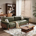 Vintage Green Leather Sofa And Solid Wood Coffee Table Set For Cozy Modern Living Room