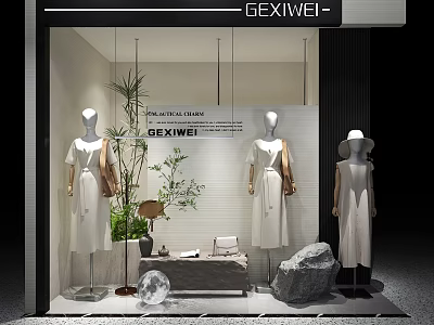 GEXIWEI Fashion Window Display With Mannequins Dresses Plants And Stone Decorations 3d model