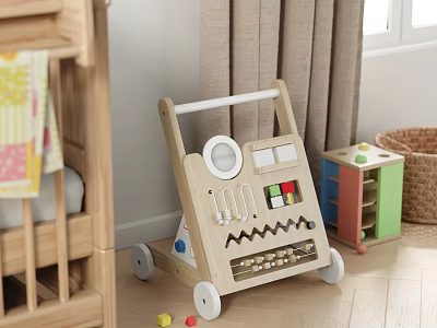 Cozy Nursery Room With Wooden Baby Walker And Toys 3d model