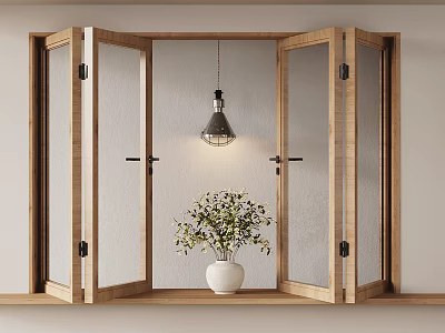 Wooden Open Casement Windows With Glass Panes Light Wall Hanging Lamp And White Vase Plants 3d model