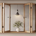 Wooden Open Casement Windows With Glass Panes Light Wall Hanging Lamp And White Vase Plants