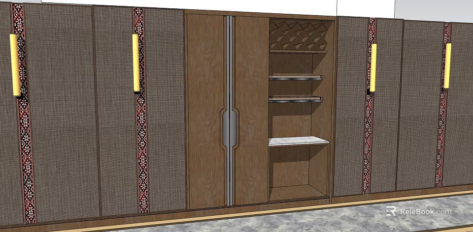 Classic Wooden Wardrobe Design With Decorative Striped Panels Gold Handles And Open Shelves 3d model 