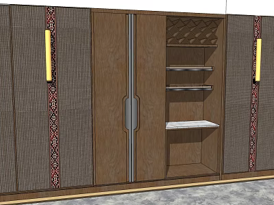 Classic Wooden Wardrobe Design With Decorative Striped Panels Gold Handles And Open Shelves 3d model